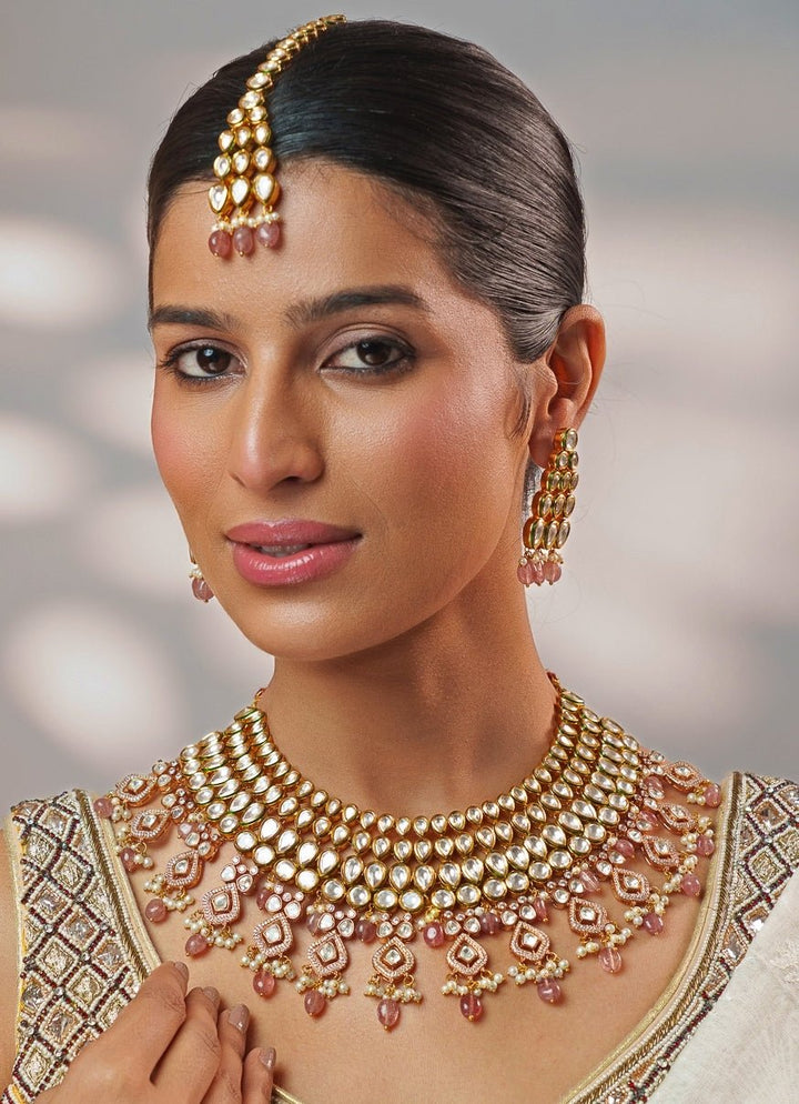 Kundan Jadau And Pearl Gold Necklace Set Zevar by Geeta - Fabilicious Fashion