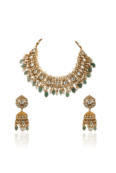 Kundan Necklace Set With Pearl And Sea Green Beads Riana by Shikha Jindal - Fabilicious Fashion