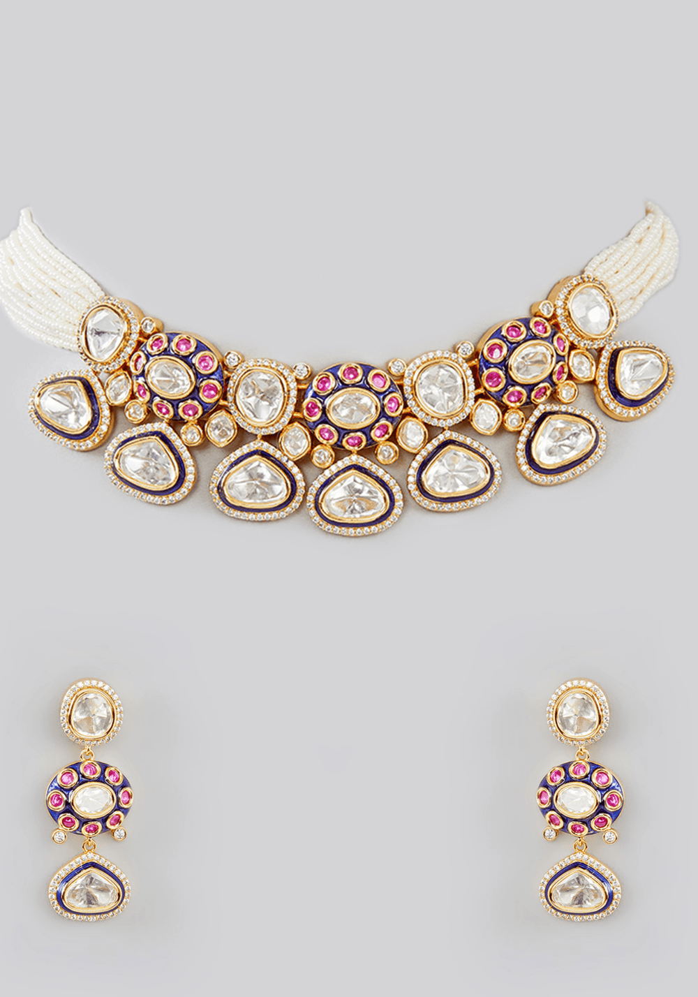 Kundan Pink And Blue Pearl Line Necklace Set Zevar by Geeta - Fabilicious Fashion