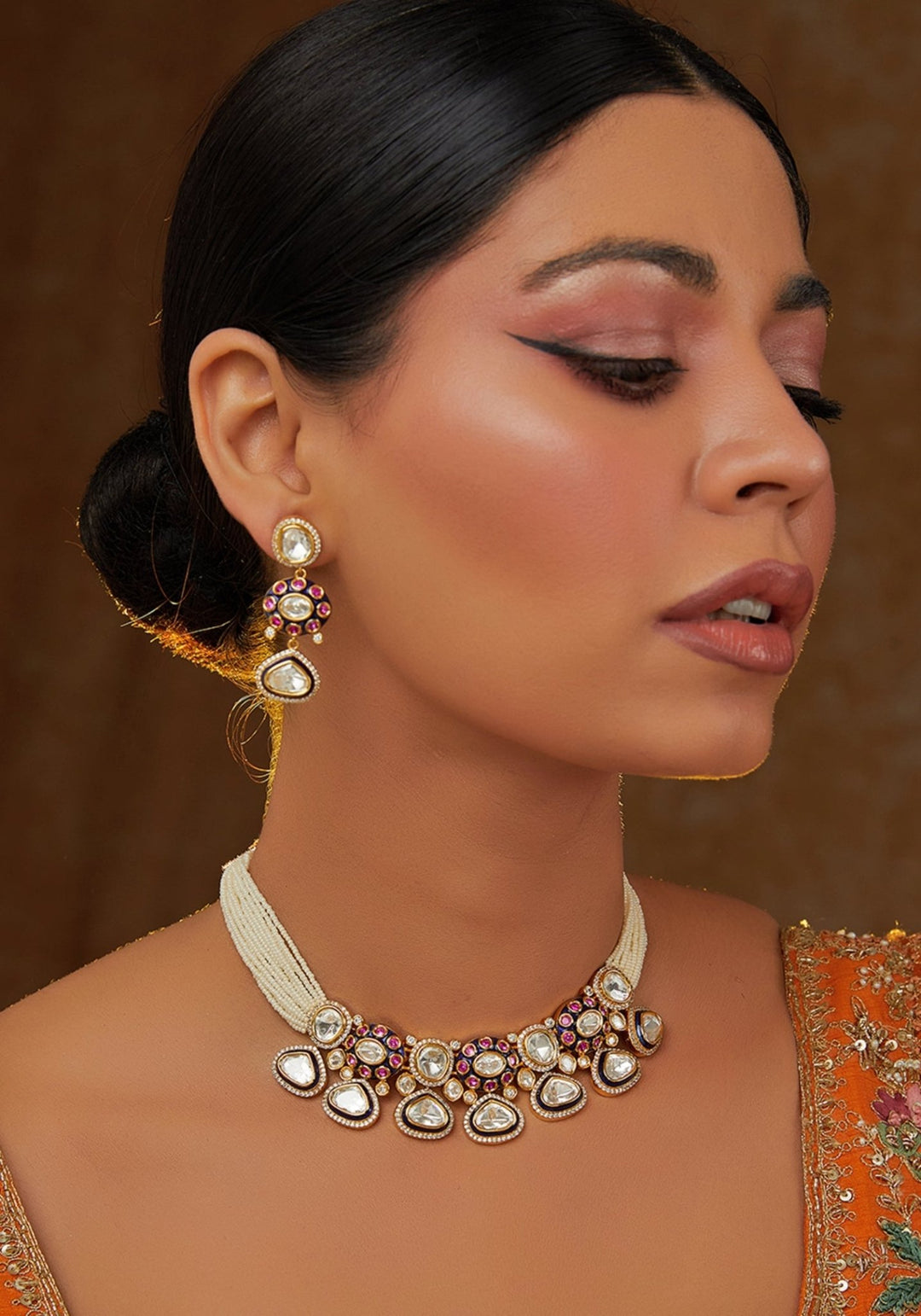 Kundan Pink And Blue Pearl Line Necklace Set Zevar by Geeta - Fabilicious Fashion