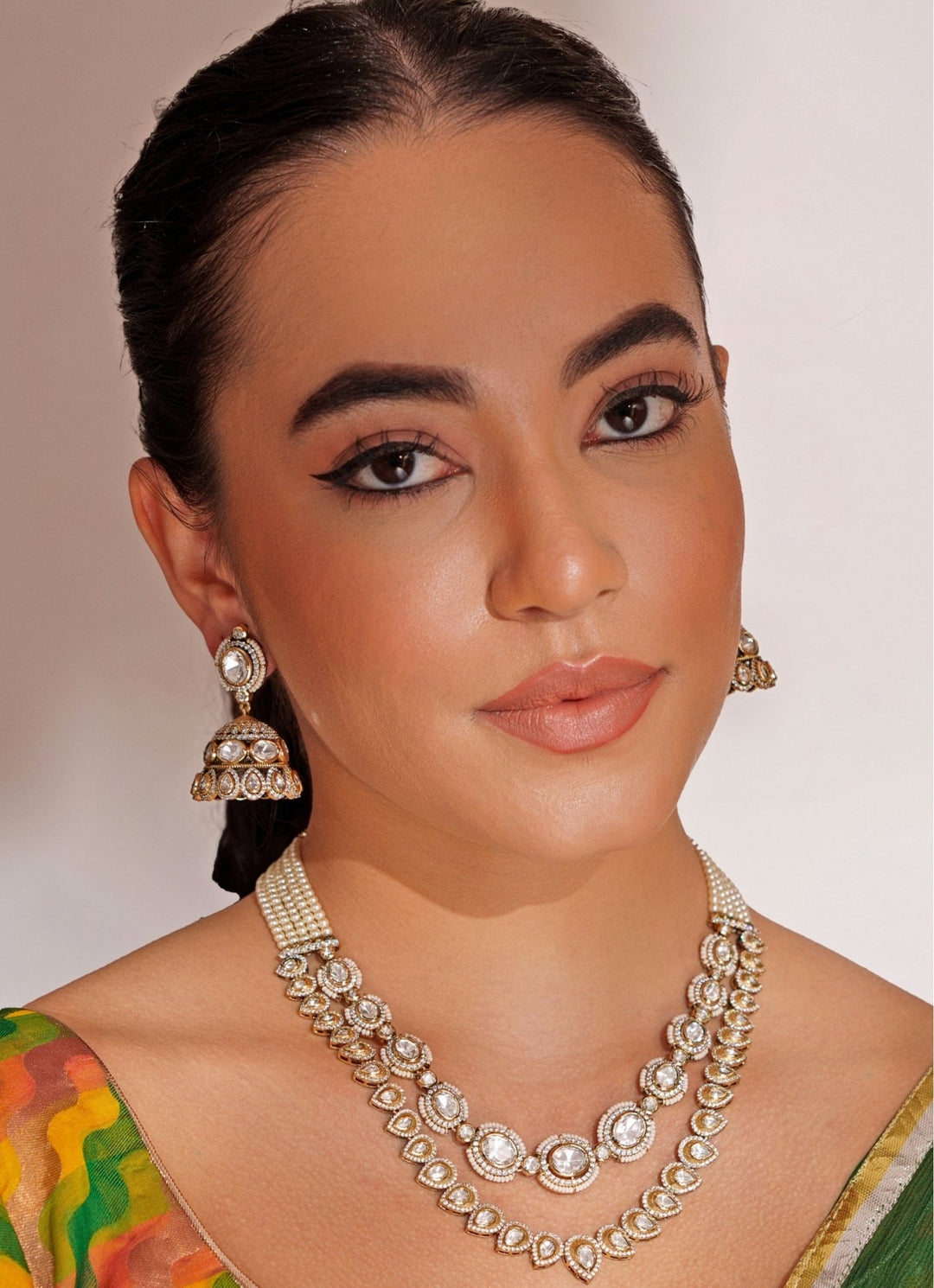 Kundan Polki 2 Layer Necklace Set With Jhumkas Zevar by Geeta - Fabilicious Fashion