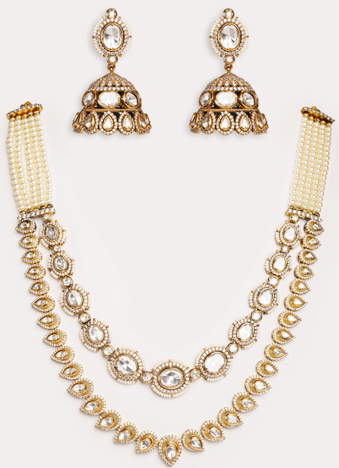 Kundan Polki 2 Layer Necklace Set With Jhumkas Zevar by Geeta - Fabilicious Fashion