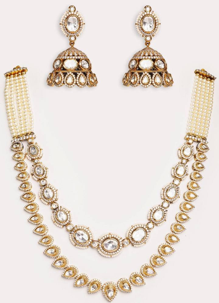 Kundan Polki 2 Layer Necklace Set With Jhumkas Zevar by Geeta - Fabilicious Fashion