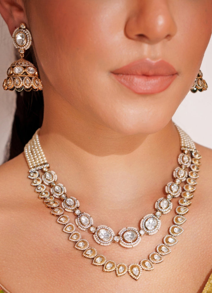 Kundan Polki 2 Layer Necklace Set With Jhumkas Zevar by Geeta - Fabilicious Fashion