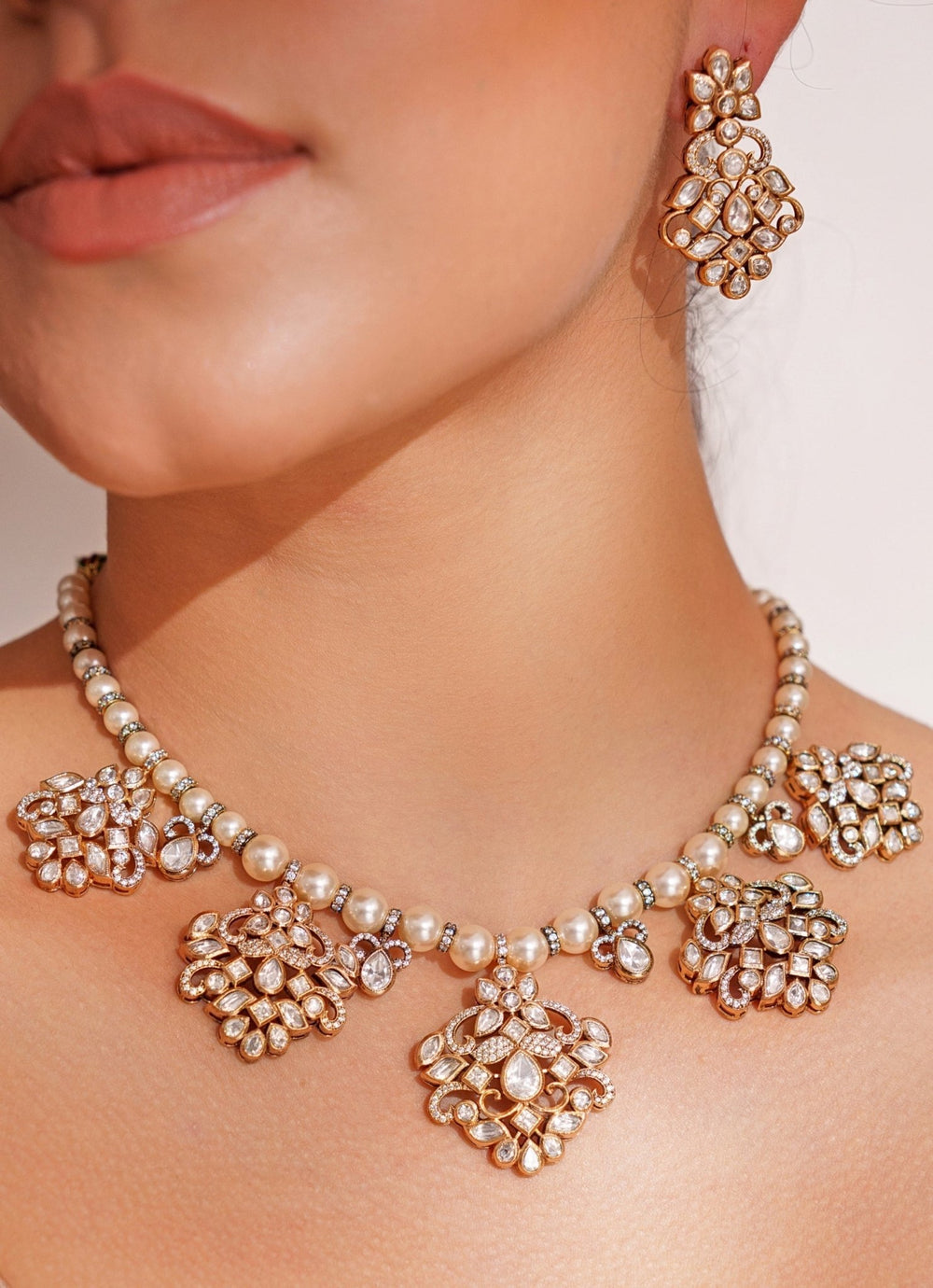 Kundan Polki And Pearl Necklace Set With Dangler Earrings Zevar by Geeta - Fabilicious Fashion