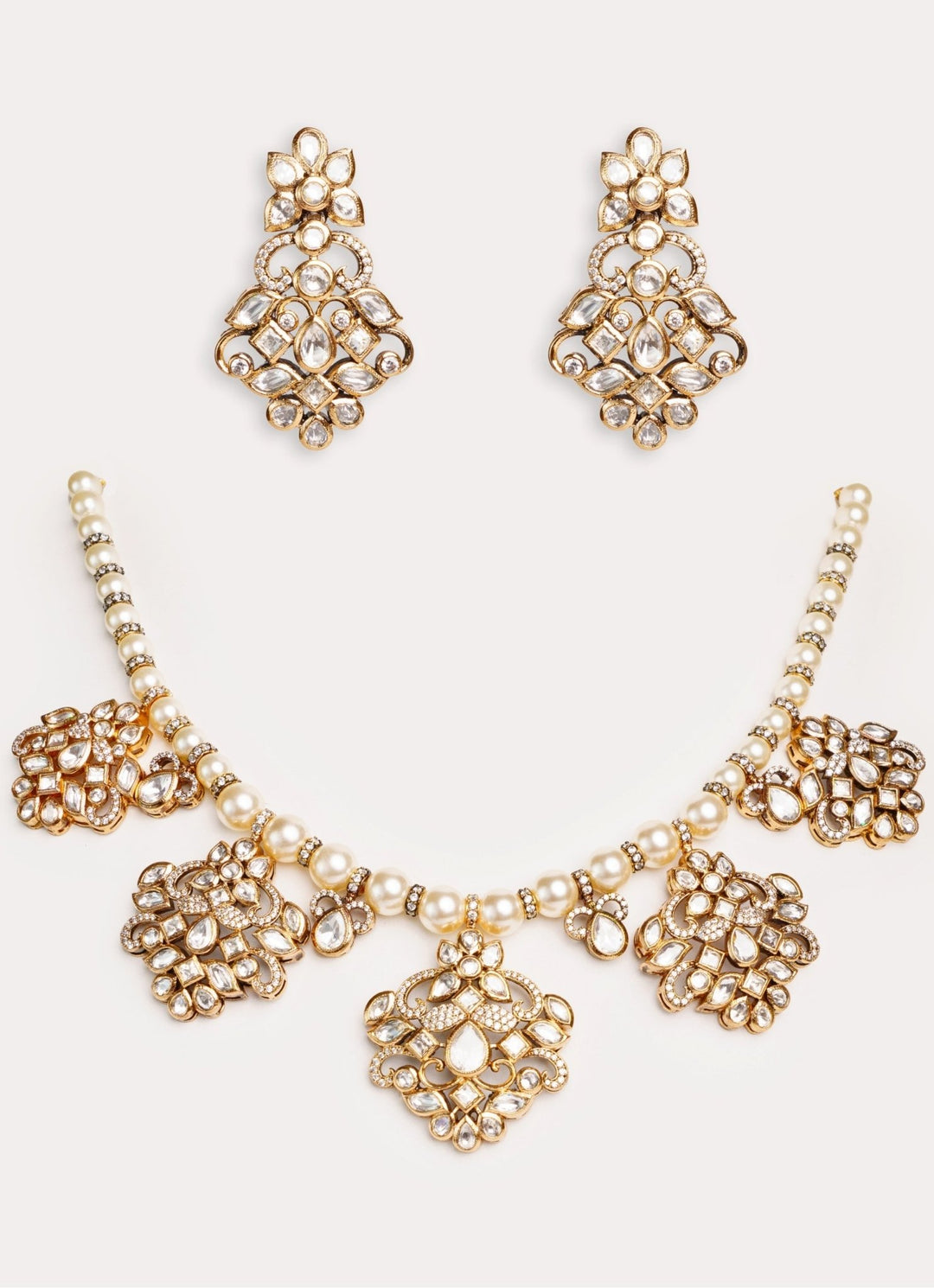Kundan Polki And Pearl Necklace Set With Dangler Earrings Zevar by Geeta - Fabilicious Fashion