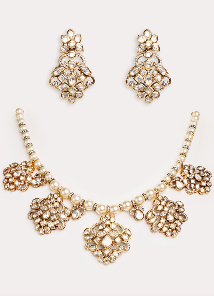 Kundan Polki And Pearl Necklace Set With Dangler Earrings Zevar by Geeta - Fabilicious Fashion