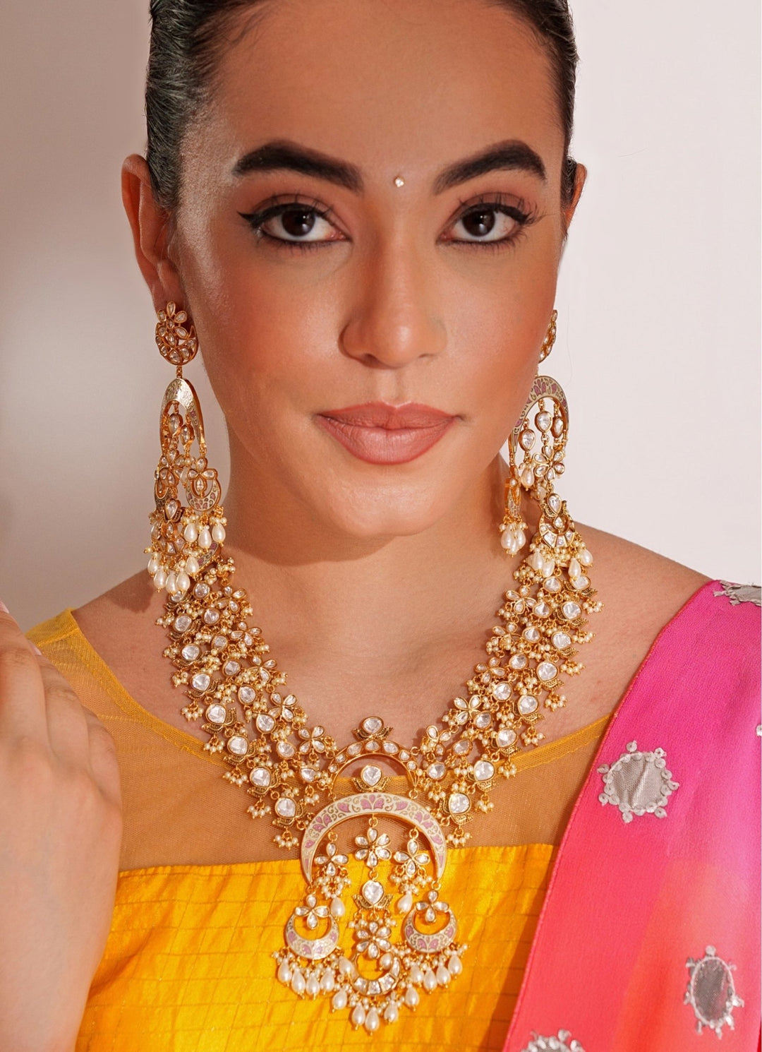 Kundan Polki Long Necklace Set With Dangler Earrings Zevar by Geeta - Fabilicious Fashion