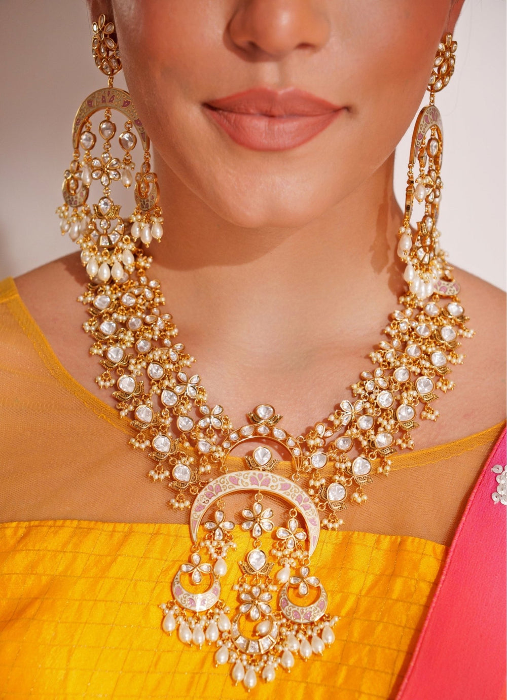 Kundan Polki Long Necklace Set With Dangler Earrings Zevar by Geeta - Fabilicious Fashion