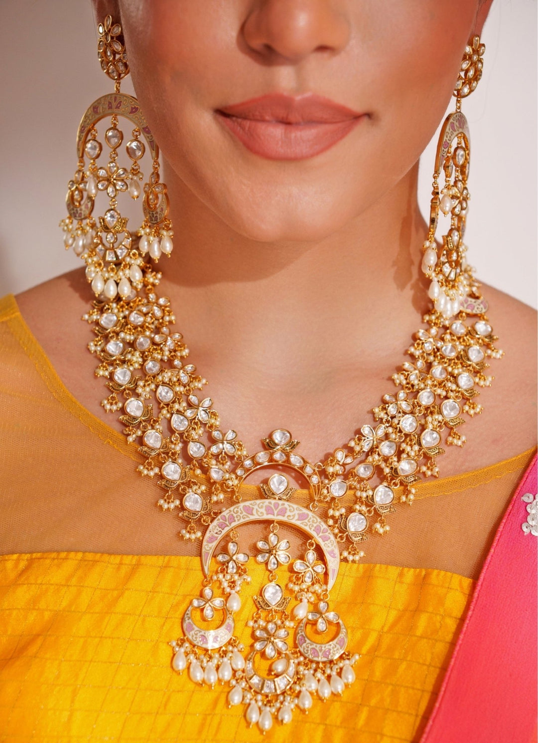 Kundan Polki Long Necklace Set With Dangler Earrings Zevar by Geeta - Fabilicious Fashion
