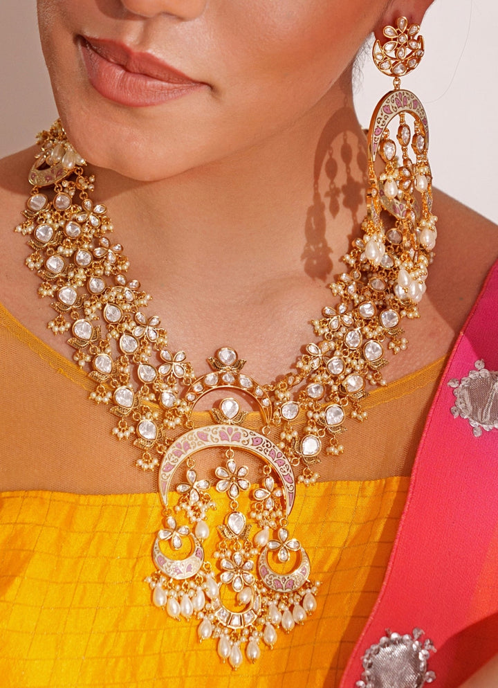 Kundan Polki Long Necklace Set With Dangler Earrings Zevar by Geeta - Fabilicious Fashion
