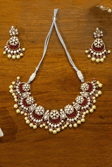 Kundan red pearl Earrings and Necklace Set Zevar by Geeta - Fabilicious Fashion