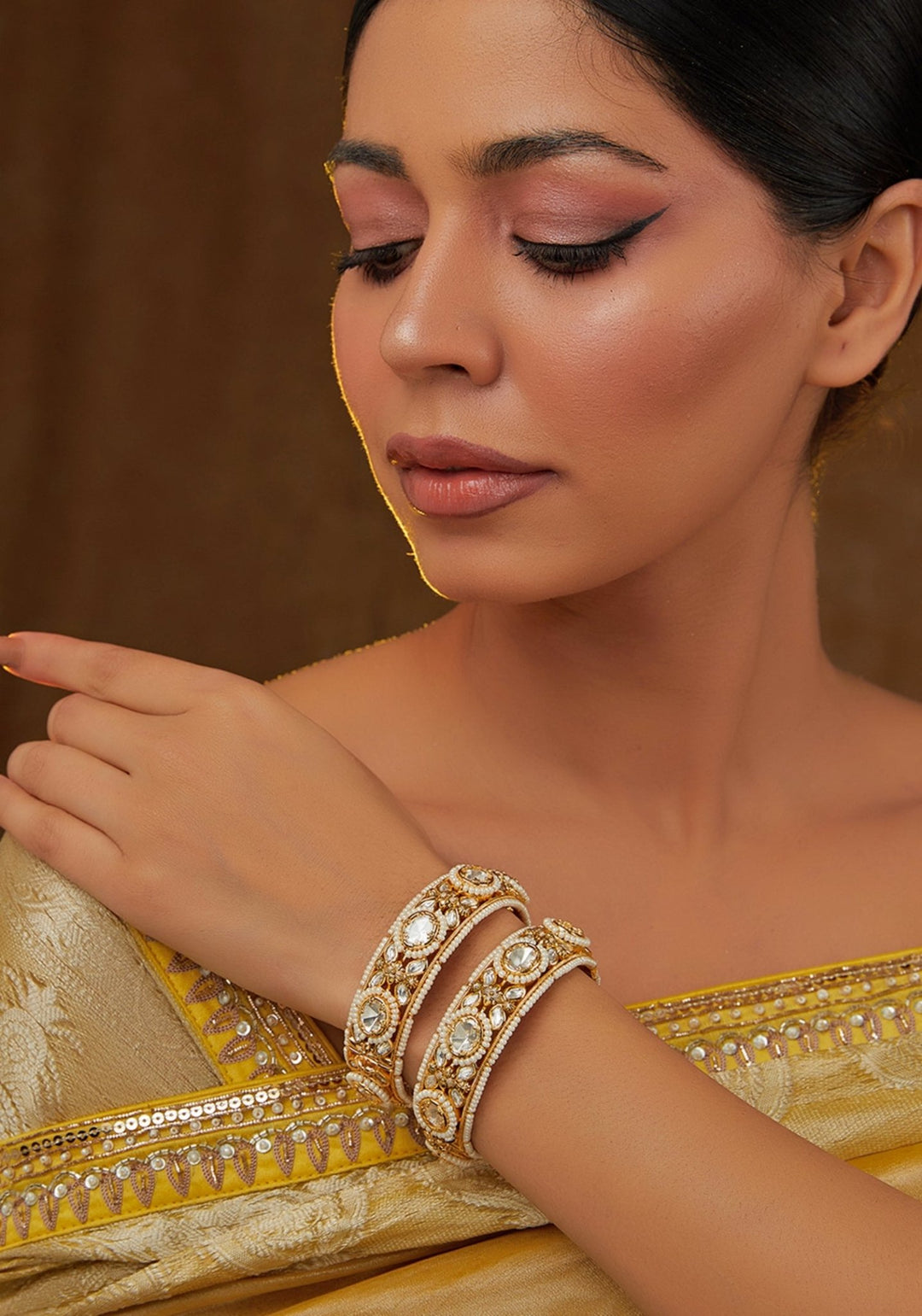 Kundan Stone Floral Motif Gold Kada Set Zevar by Geeta - Fabilicious Fashion