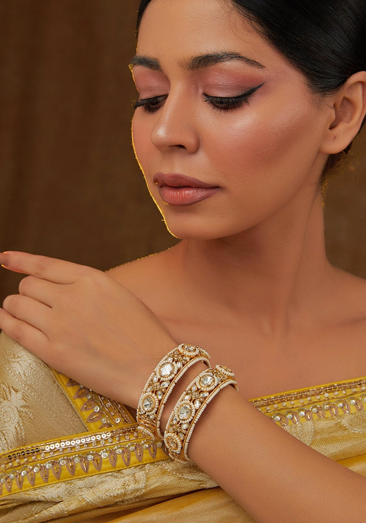 Kundan Stone Floral Motif Gold Kada Set Zevar by Geeta - Fabilicious Fashion