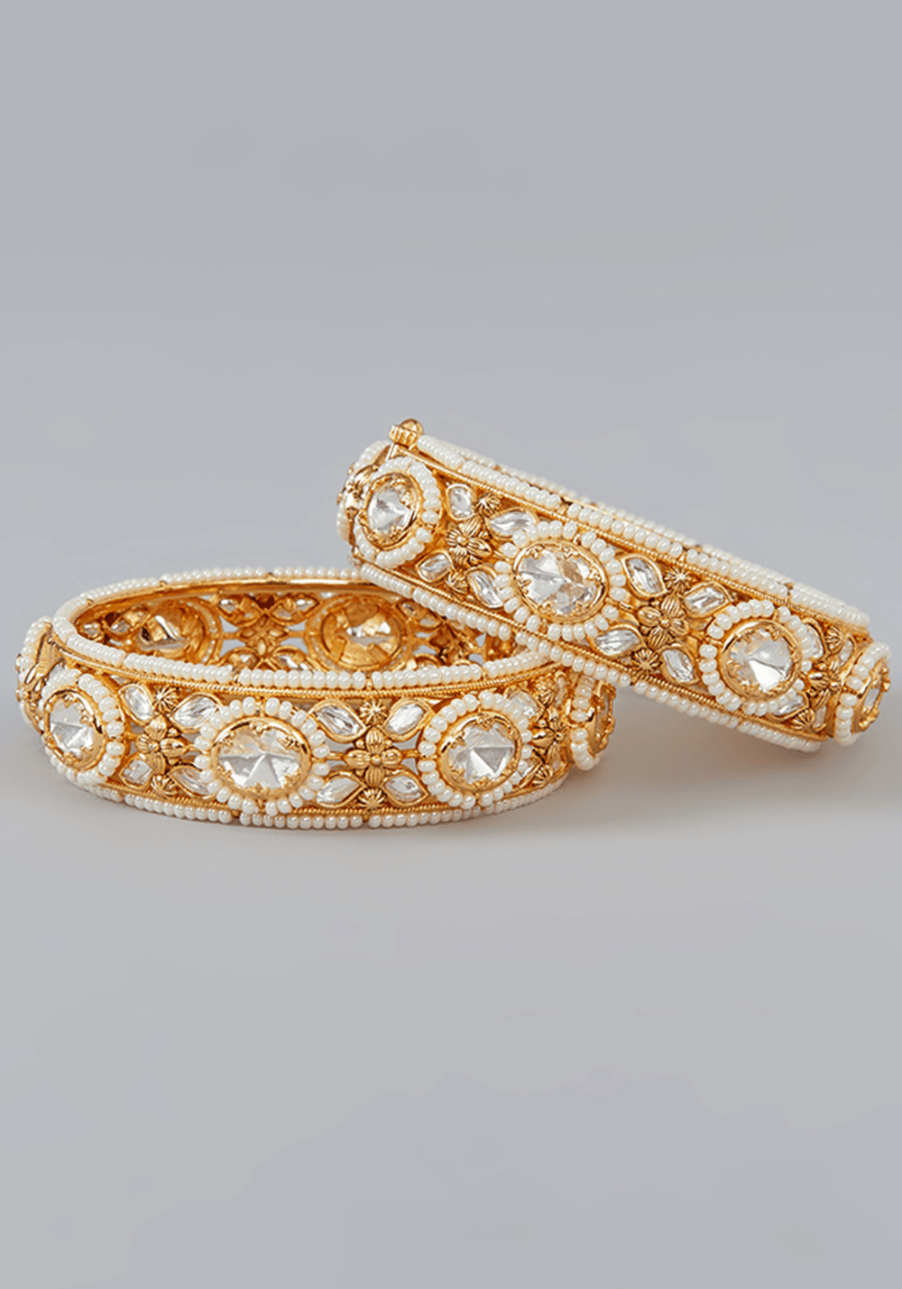 Kundan Stone Floral Motif Gold Kada Set Zevar by Geeta - Fabilicious Fashion