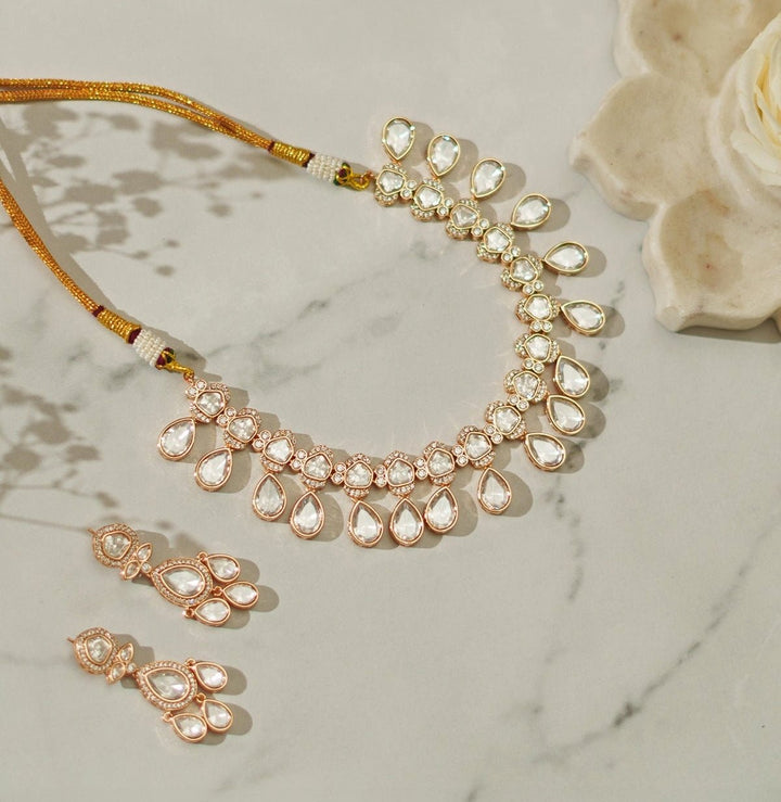 Kundan Tear Drop Gold Necklace Set Zevar By Geeta - Fabilicious Fashion