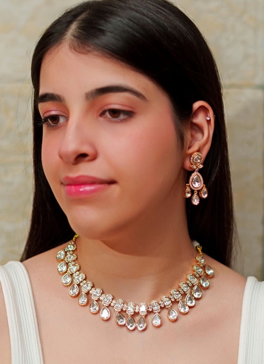 Kundan Tear Drop Gold Necklace Set Zevar By Geeta - Fabilicious Fashion