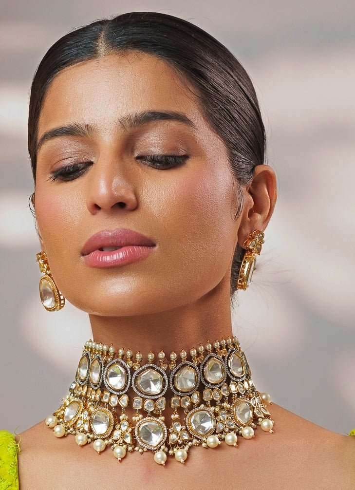 Kundan Uncut Polki Gold Choker Set Zevar by Geeta - Fabilicious Fashion