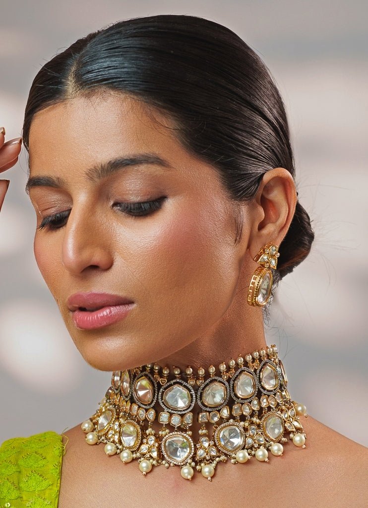 Kundan Uncut Polki Gold Choker Set Zevar by Geeta - Fabilicious Fashion