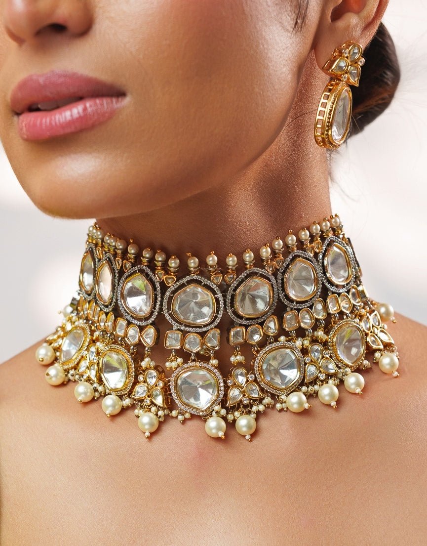 Kundan Uncut Polki Gold Choker Set Zevar by Geeta - Fabilicious Fashion
