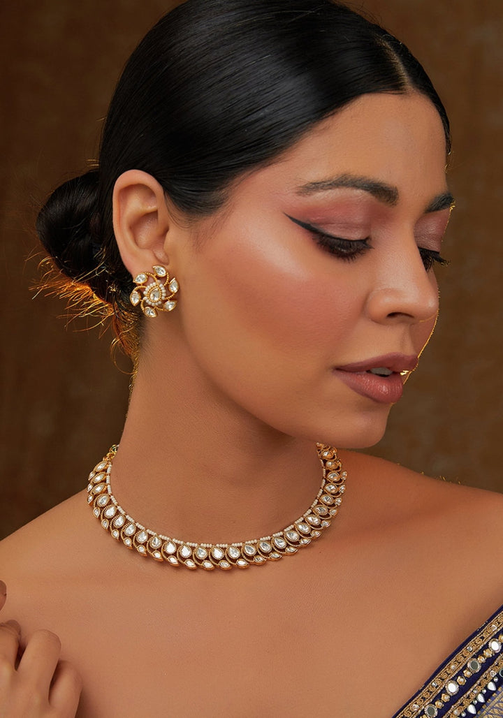 Kundan Wave Pattern Gold Plated Necklace Set Zevar by Geeta - Fabilicious Fashion