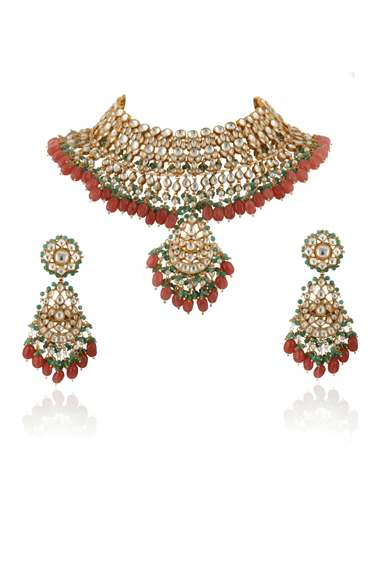 Kundan With Pink And Green Heavy Bridal Necklace Set Riana by Shikha Jindal - Fabilicious Fashion