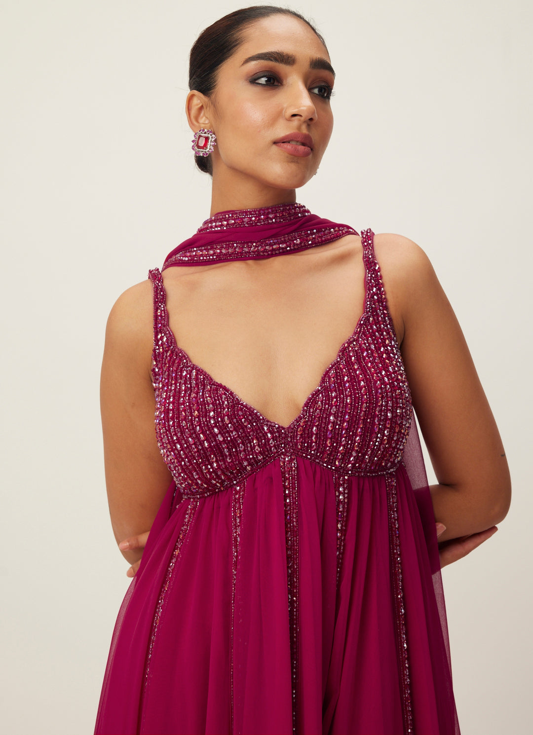 Ruby Red Crystal And Sequin Hand Embroidered Kurta Pants Set