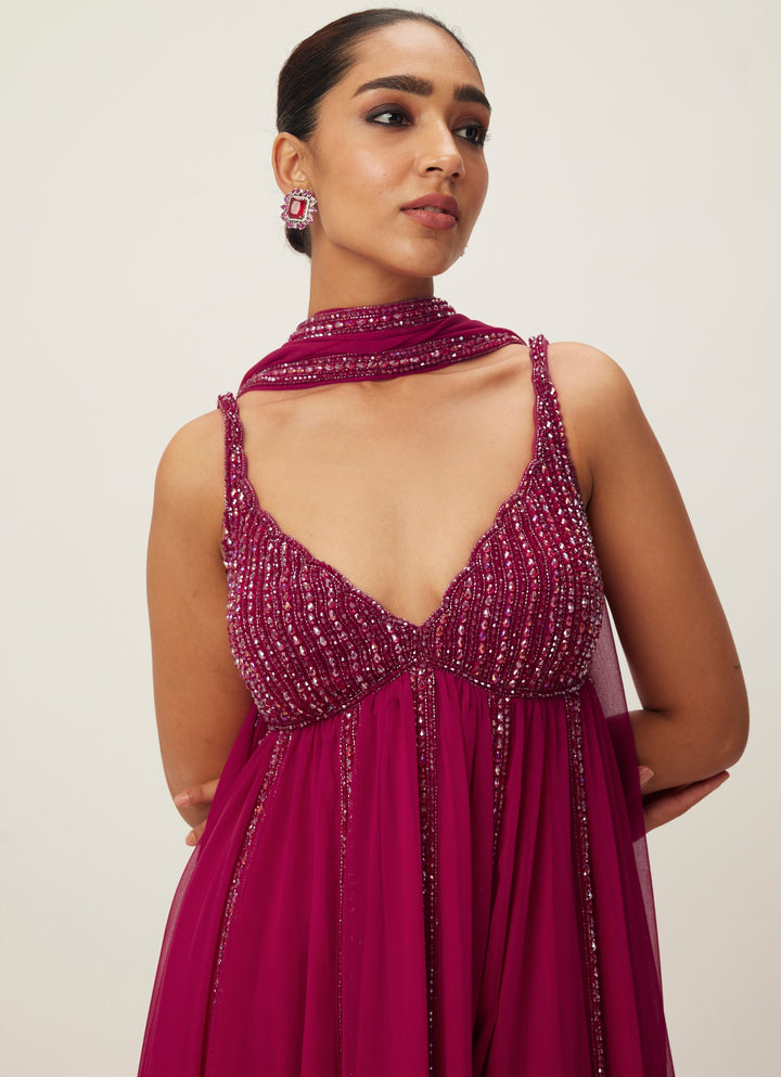 Ruby Red Crystal And Sequin Hand Embroidered Kurta Pants Set