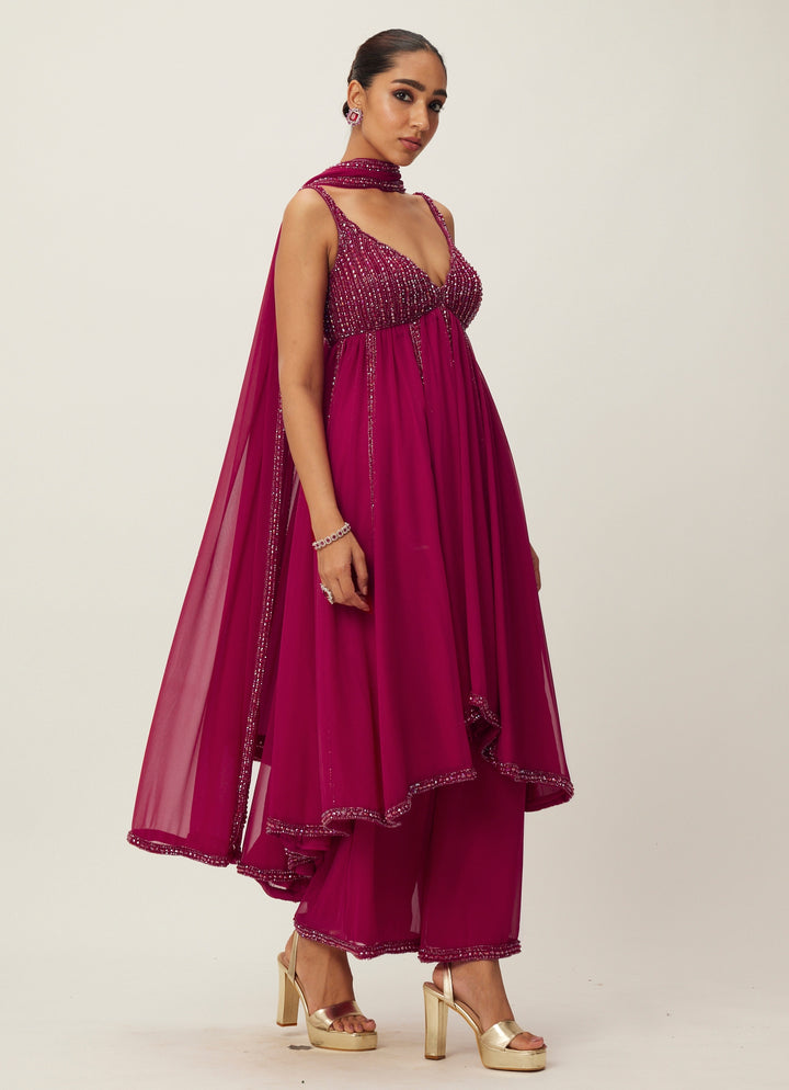 Ruby Red Crystal And Sequin Hand Embroidered Kurta Pants Set