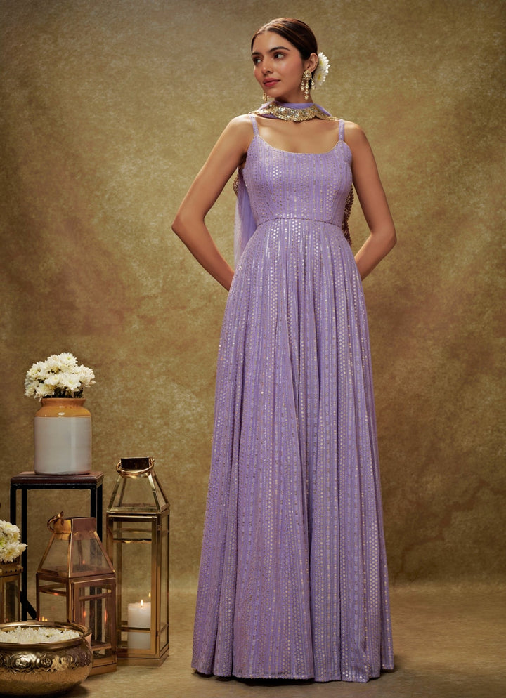 Lavender and Gold Sequin Embroidered Anarkali Gown Renee Label - Fabilicious Fashion