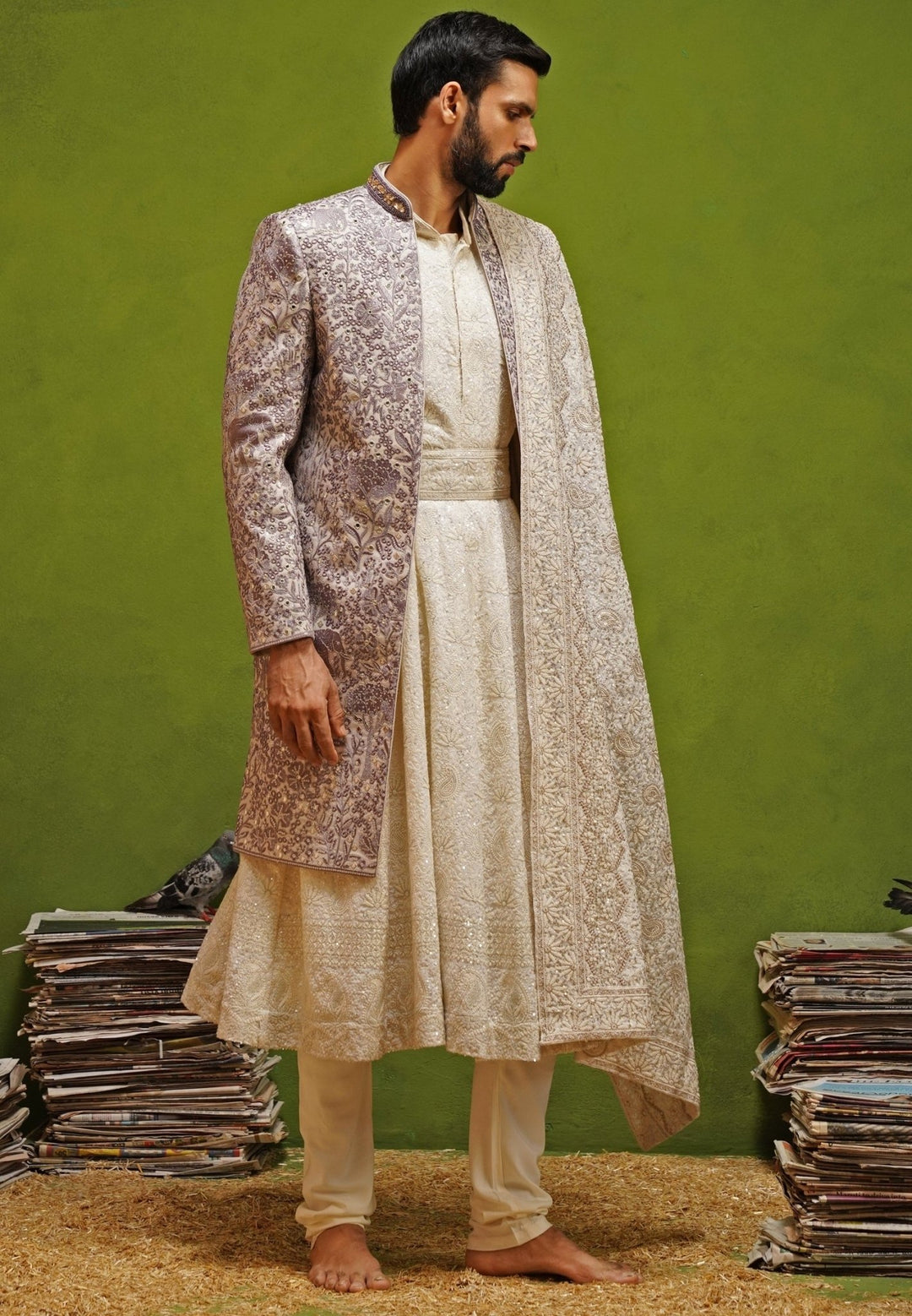 Kalpraag Lavender and Ivory Georgette Sherwani SetFabilicious Fashion