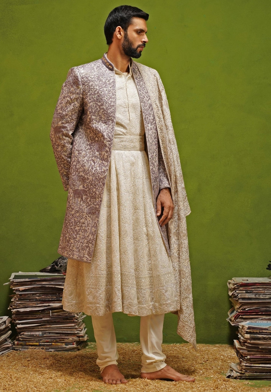 Kalpraag Lavender and Ivory Georgette Sherwani SetFabilicious Fashion
