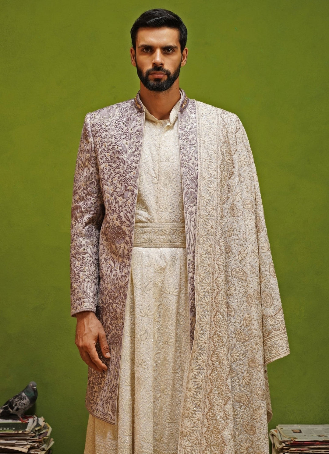 Kalpraag Lavender and Ivory Georgette Sherwani SetFabilicious Fashion