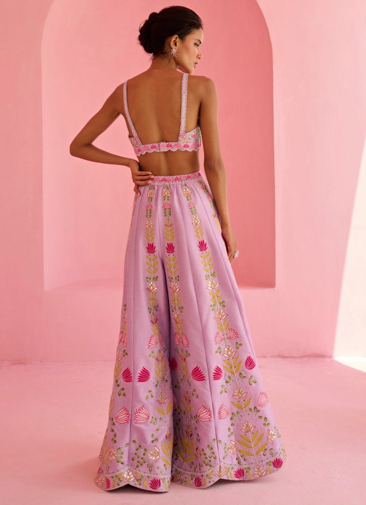 Lavender And Pink Silk Pant Set With Cape Chamee and Palak - Fabilicious Fashion