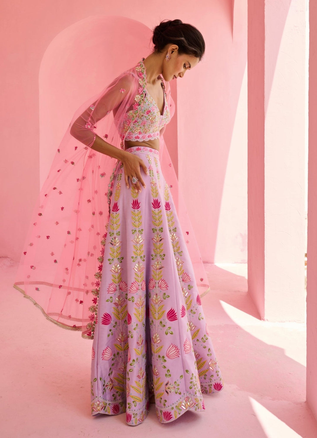 Lavender And Pink Silk Pant Set With Cape Chamee and Palak - Fabilicious Fashion