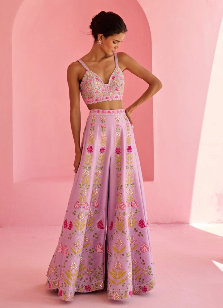 Lavender And Pink Silk Pant Set With Cape Chamee and Palak - Fabilicious Fashion