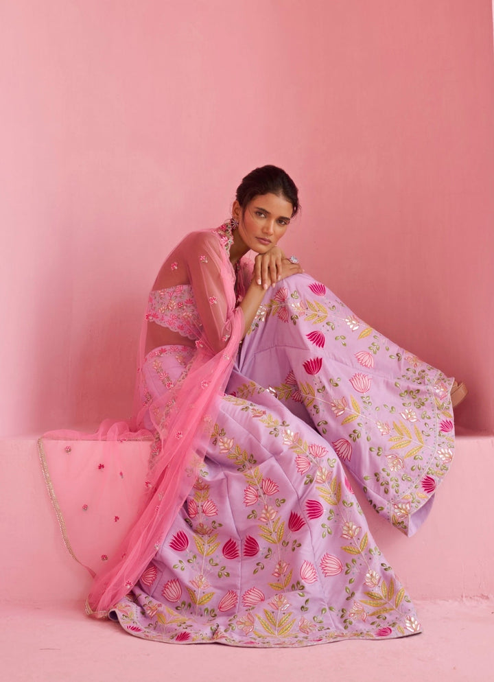Lavender And Pink Silk Pant Set With Cape Chamee and Palak - Fabilicious Fashion