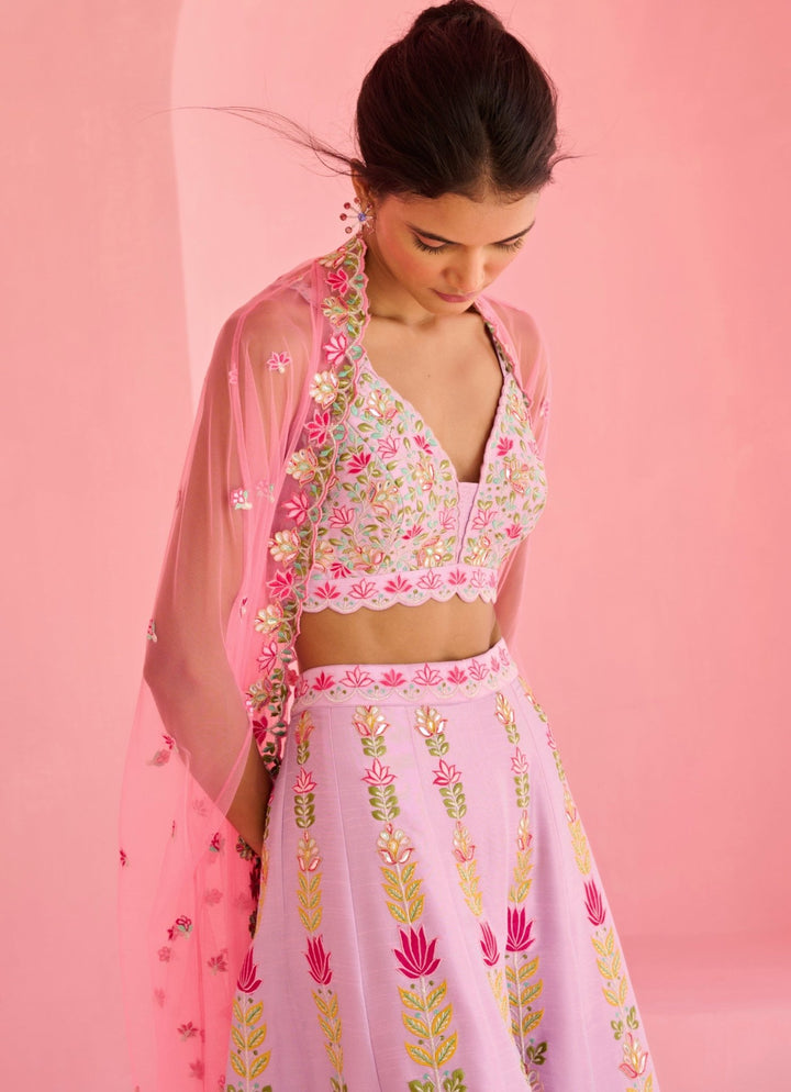 Lavender And Pink Silk Pant Set With Cape Chamee and Palak - Fabilicious Fashion