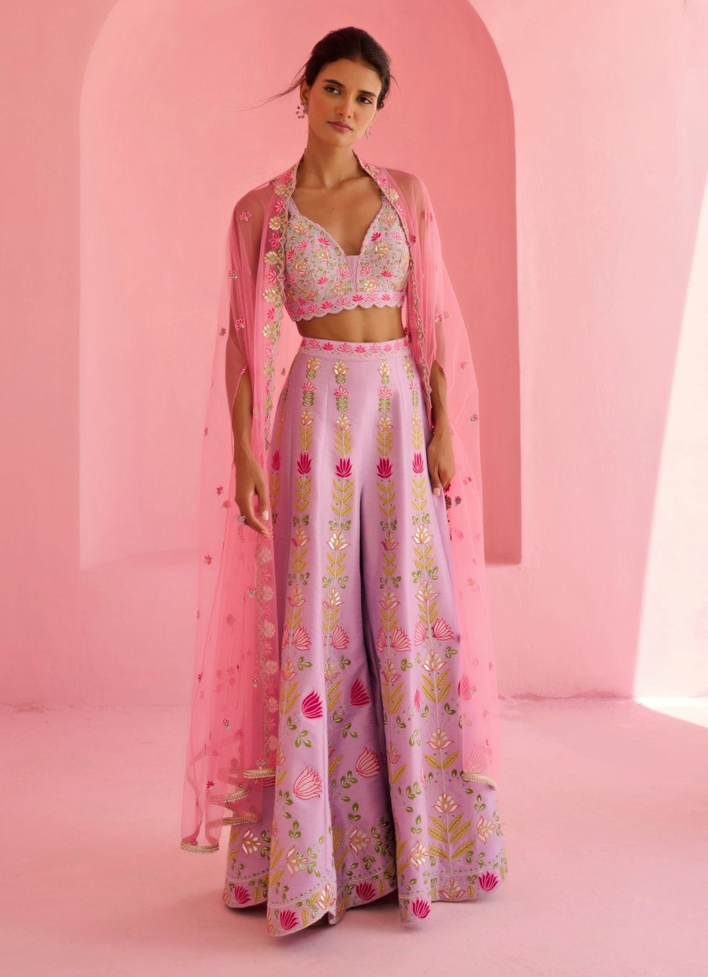 Lavender And Pink Silk Pant Set With Cape Chamee and Palak - Fabilicious Fashion