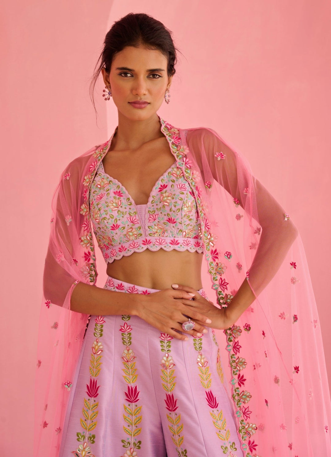Lavender And Pink Silk Pant Set With Cape Chamee and Palak - Fabilicious Fashion