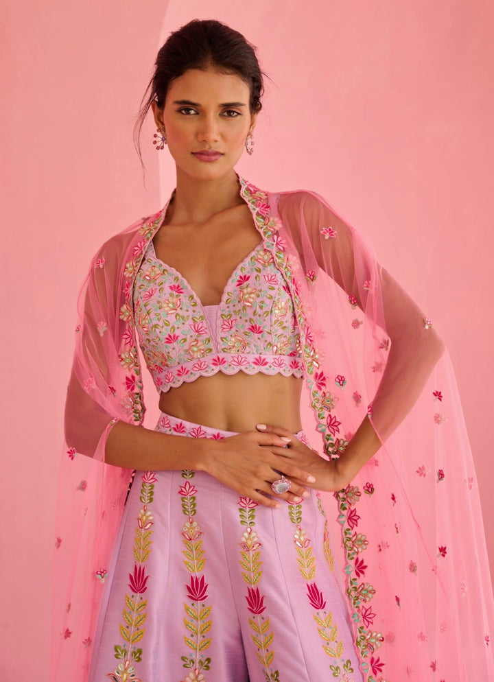 Lavender And Pink Silk Pant Set With Cape Chamee and Palak - Fabilicious Fashion