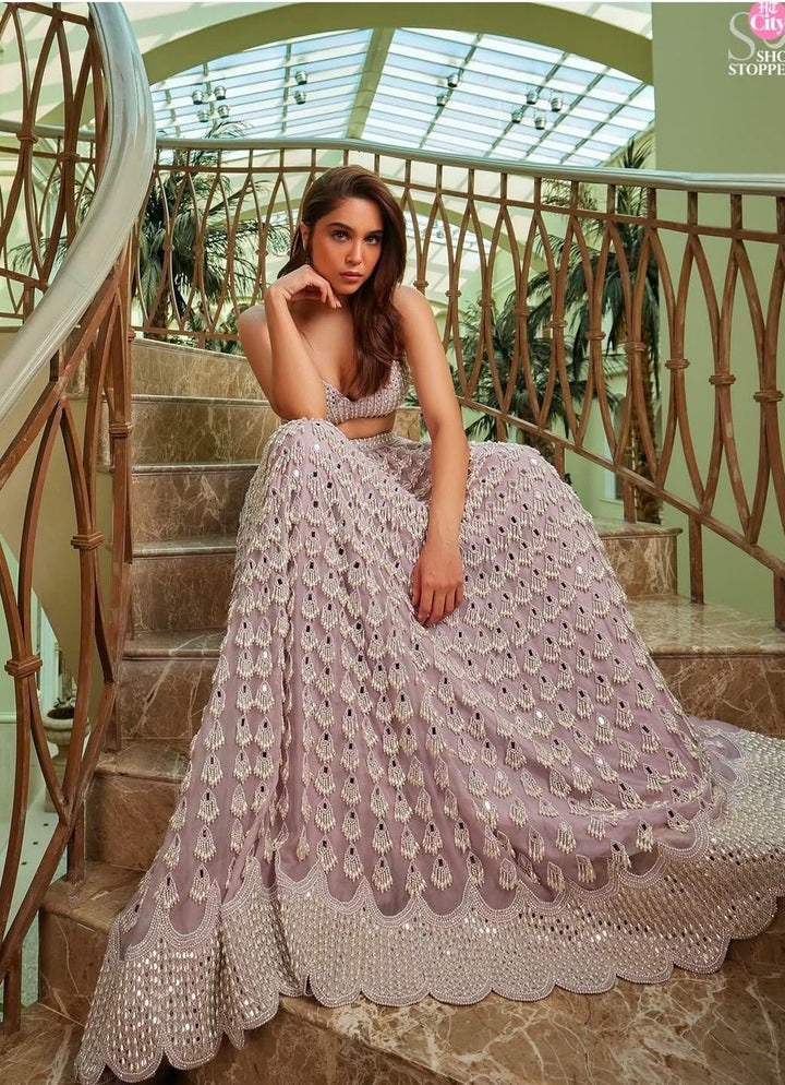 Lavender Chandelier Pearl Drop Bridal Lehenga Set Vvani By Vani Vats - Fabilicious Fashion