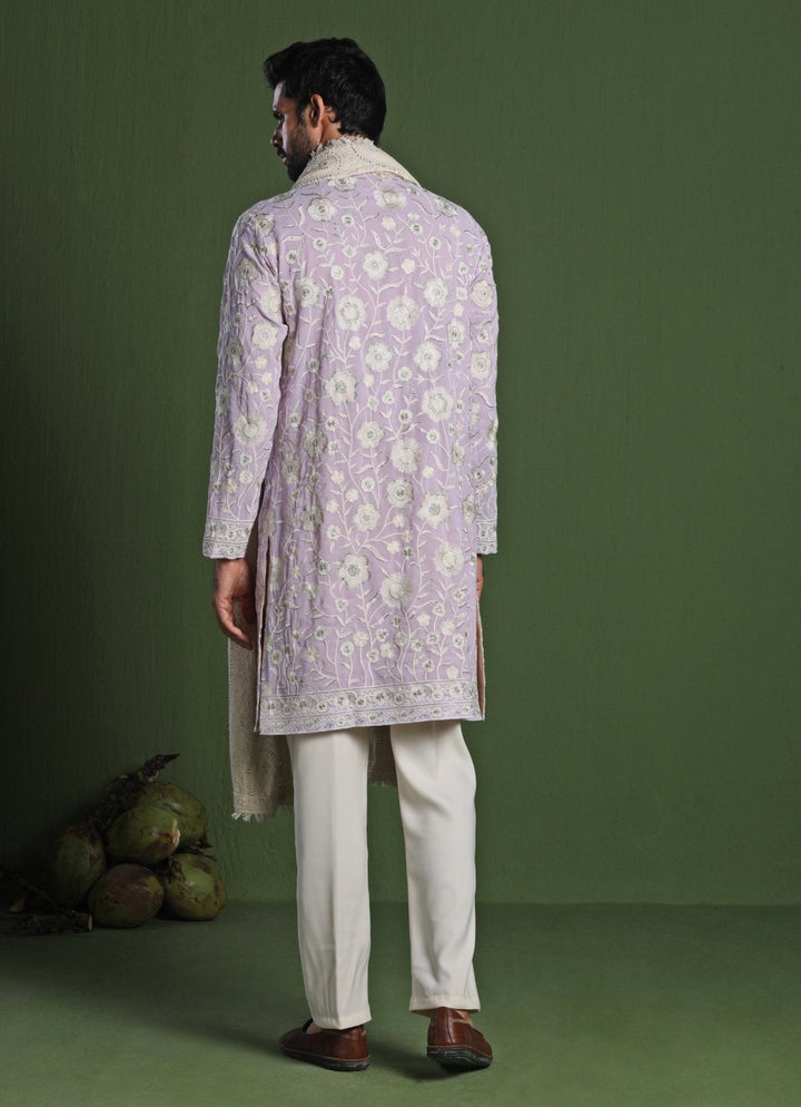 Lavender Embroidered Front - Open Kurta Pant Set With Dupatta Kalpraag - Fabilicious Fashion