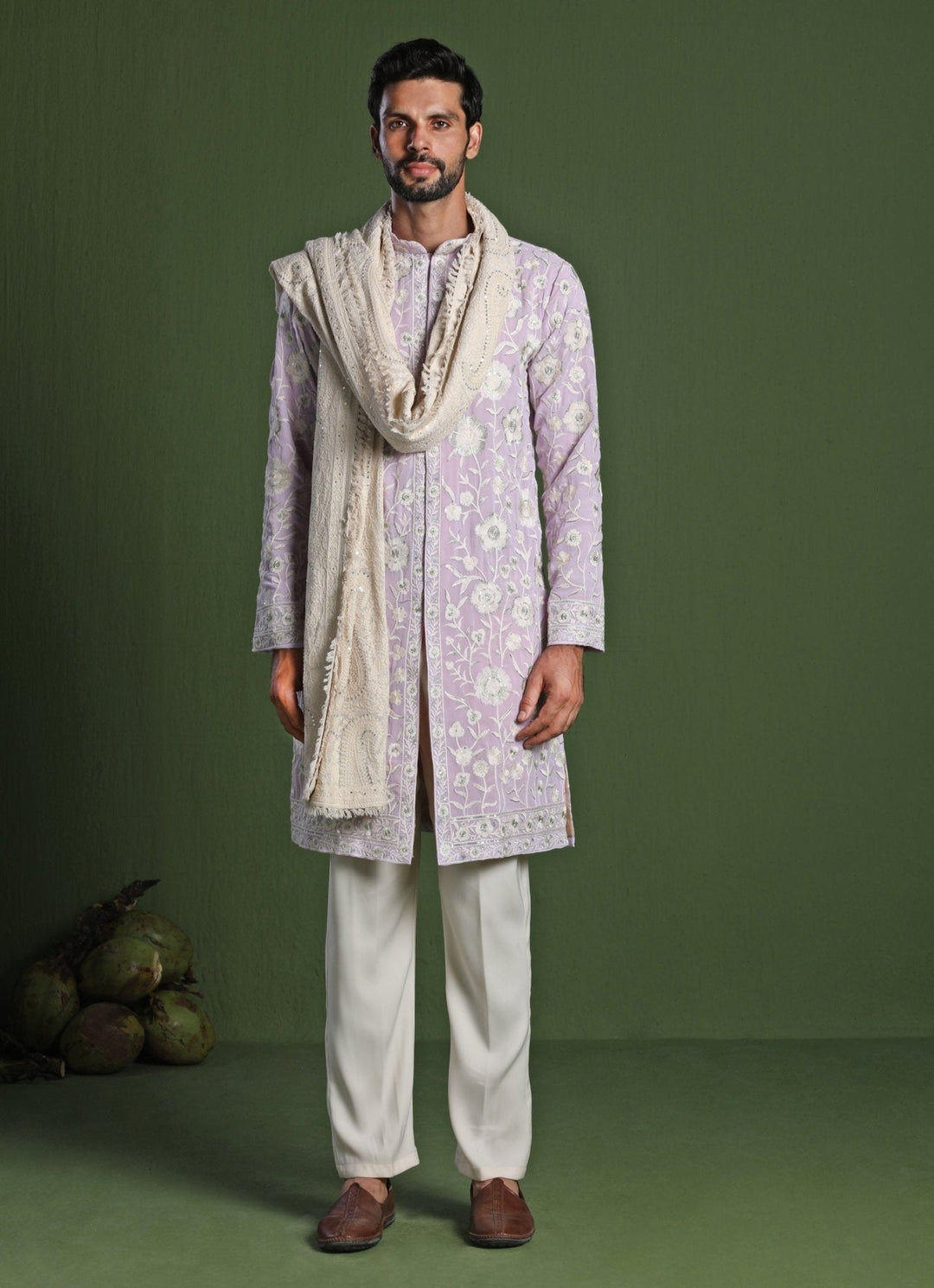 Lavender Embroidered Front - Open Kurta Pant Set With Dupatta Kalpraag - Fabilicious Fashion