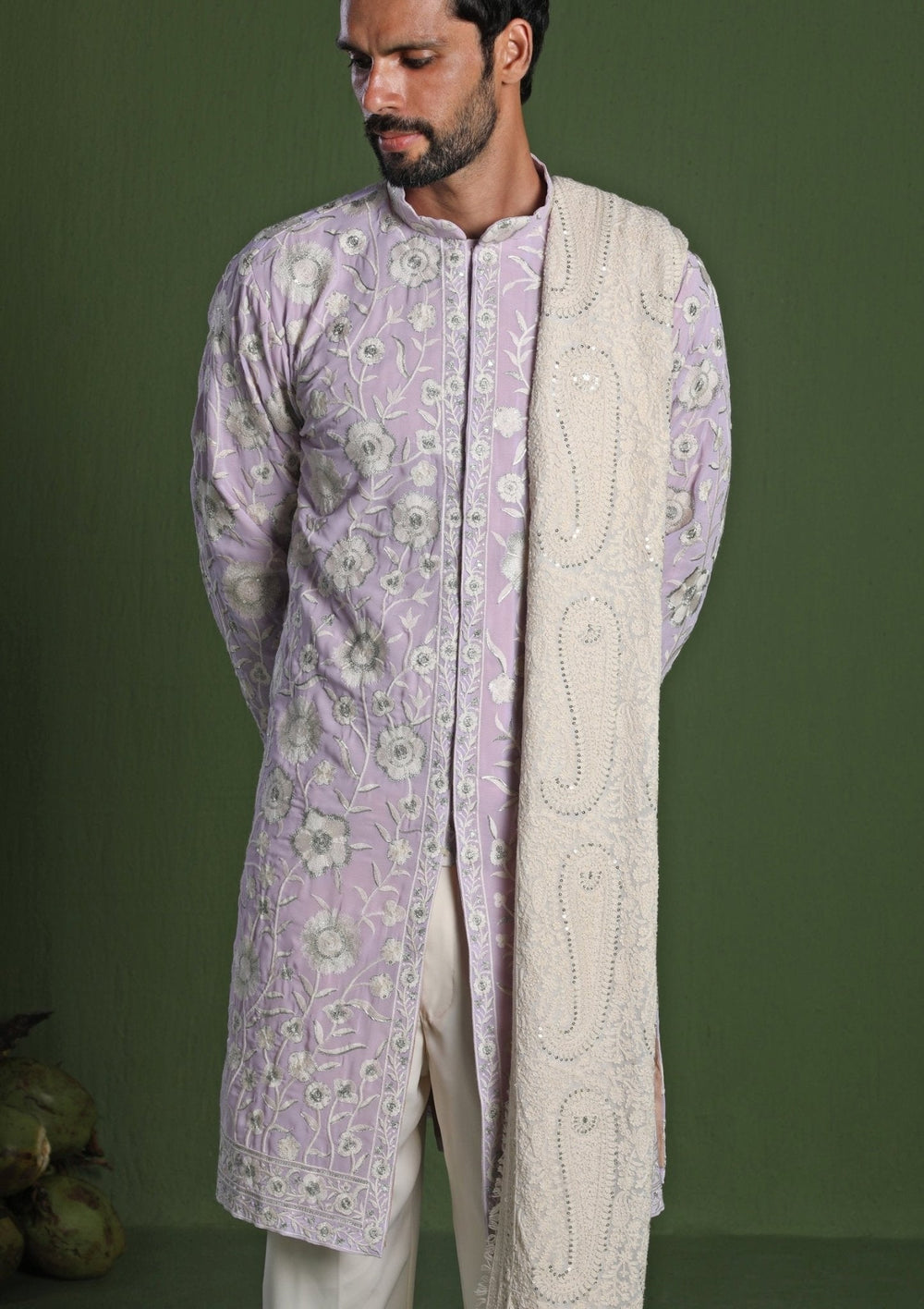 Lavender Embroidered Front - Open Kurta Pant Set With Dupatta Kalpraag - Fabilicious Fashion