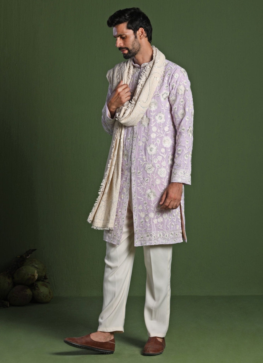Lavender Embroidered Front - Open Kurta Pant Set With Dupatta Kalpraag - Fabilicious Fashion