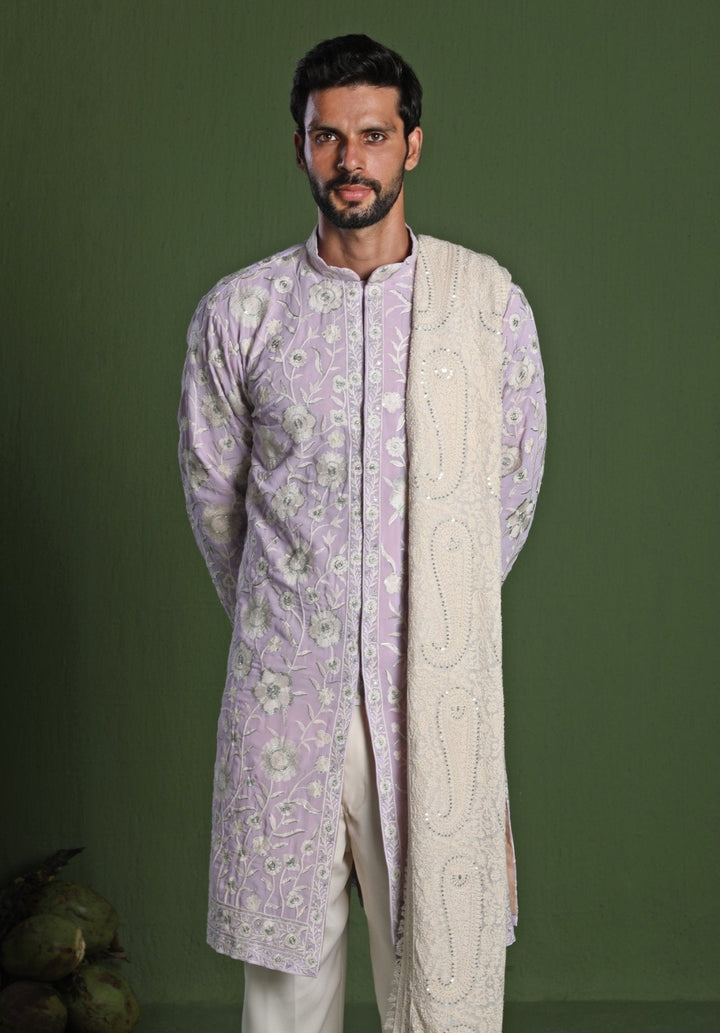 Lavender Embroidered Front - Open Kurta Pant Set With Dupatta Kalpraag - Fabilicious Fashion