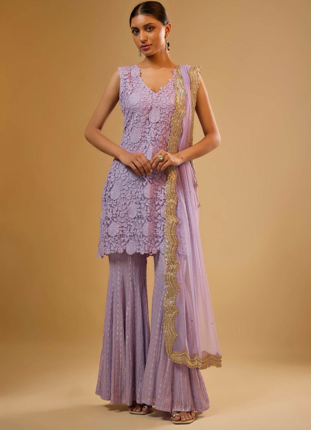 Lavender Embroidered Net Kurta Sharara Set Renee Label - Fabilicious Fashion