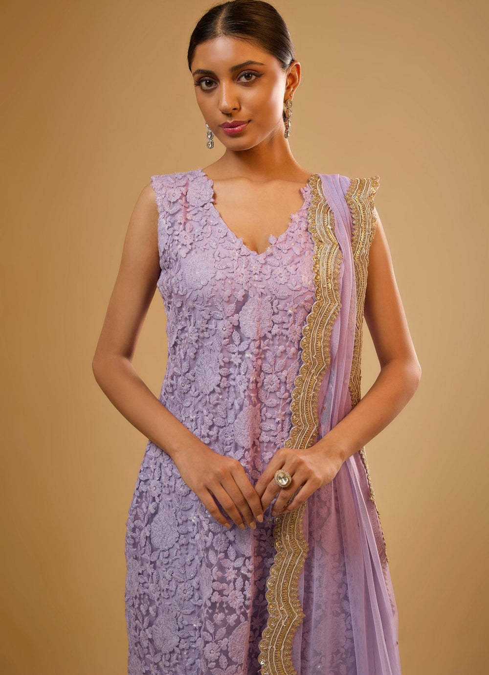 Lavender Embroidered Net Kurta Sharara Set Renee Label - Fabilicious Fashion