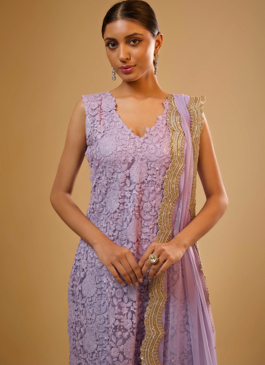 Lavender Embroidered Net Kurta Sharara Set Renee Label - Fabilicious Fashion